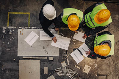 personnes sur un chantier faisant une réunion