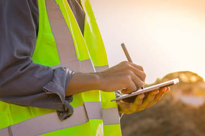 homme portant un gilet haute visibilité et utilisant une tablette