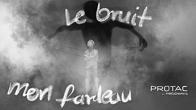 affiche sombre avec marionnette casquée et texte Le bruit, mon fardeau
