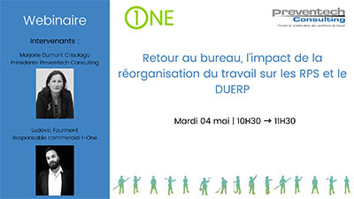 affiche de présentation du webinaire RETOUR AU BUREAU, L'IMPACT DE LA RÉORGANISATION DU TRAVAIL SUR LES RPS ET LE DUERP