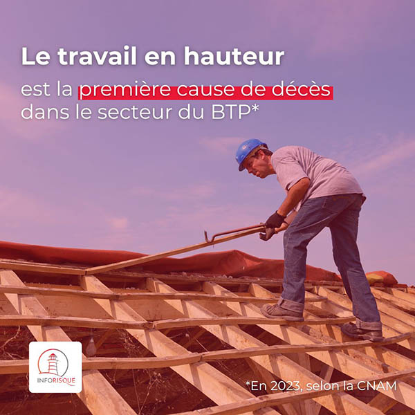couvreur sur un toit avec texte sur les risques des chutes de hauteur