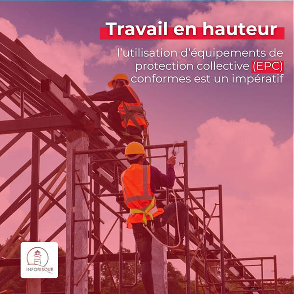2 hommes sur un échafaudage avec texte sur les risques des chutes de hauteur