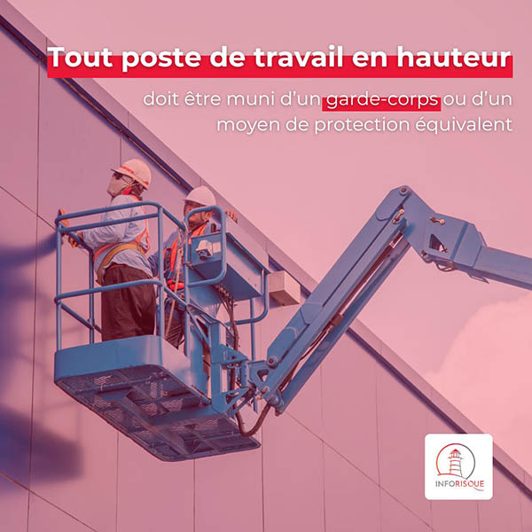 2 hommes sur une nacelle en hauteur avec texte sur les risques des chutes de hauteur