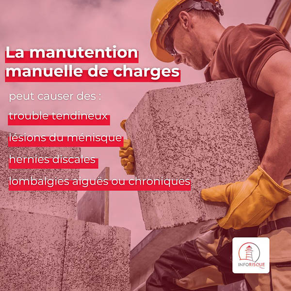 homme portant un bloc de béton avec texte sur les effets de la manutention manuelle